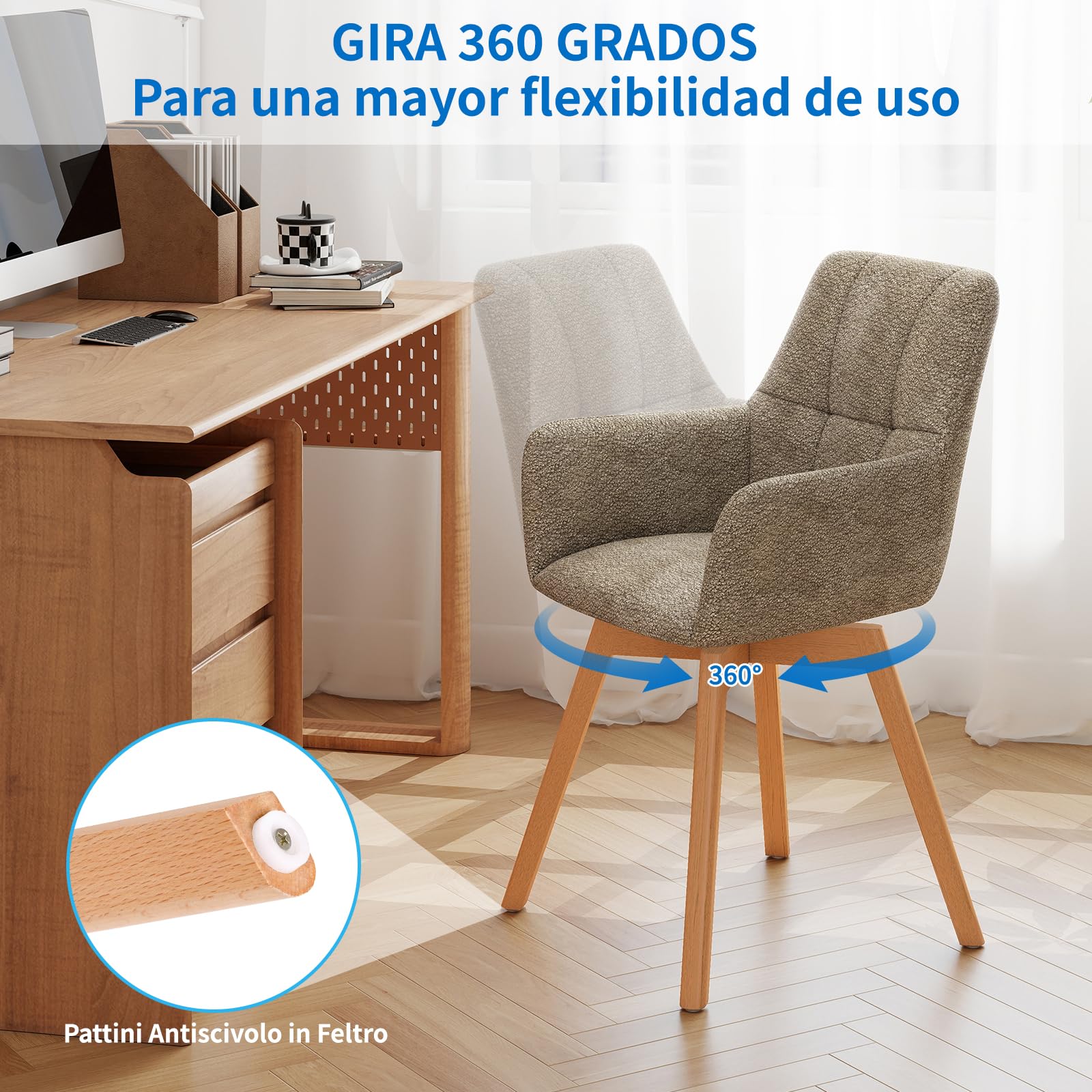 LEWE Sillas de Comedor Giratorias Juego de 6, Reposabrazos, Patas de Madera | Silla Giratoria de 360°, Silla Tapizada con Respaldo Ergonómico de Tela, para Comedor, Cocina, Salón , Marrón