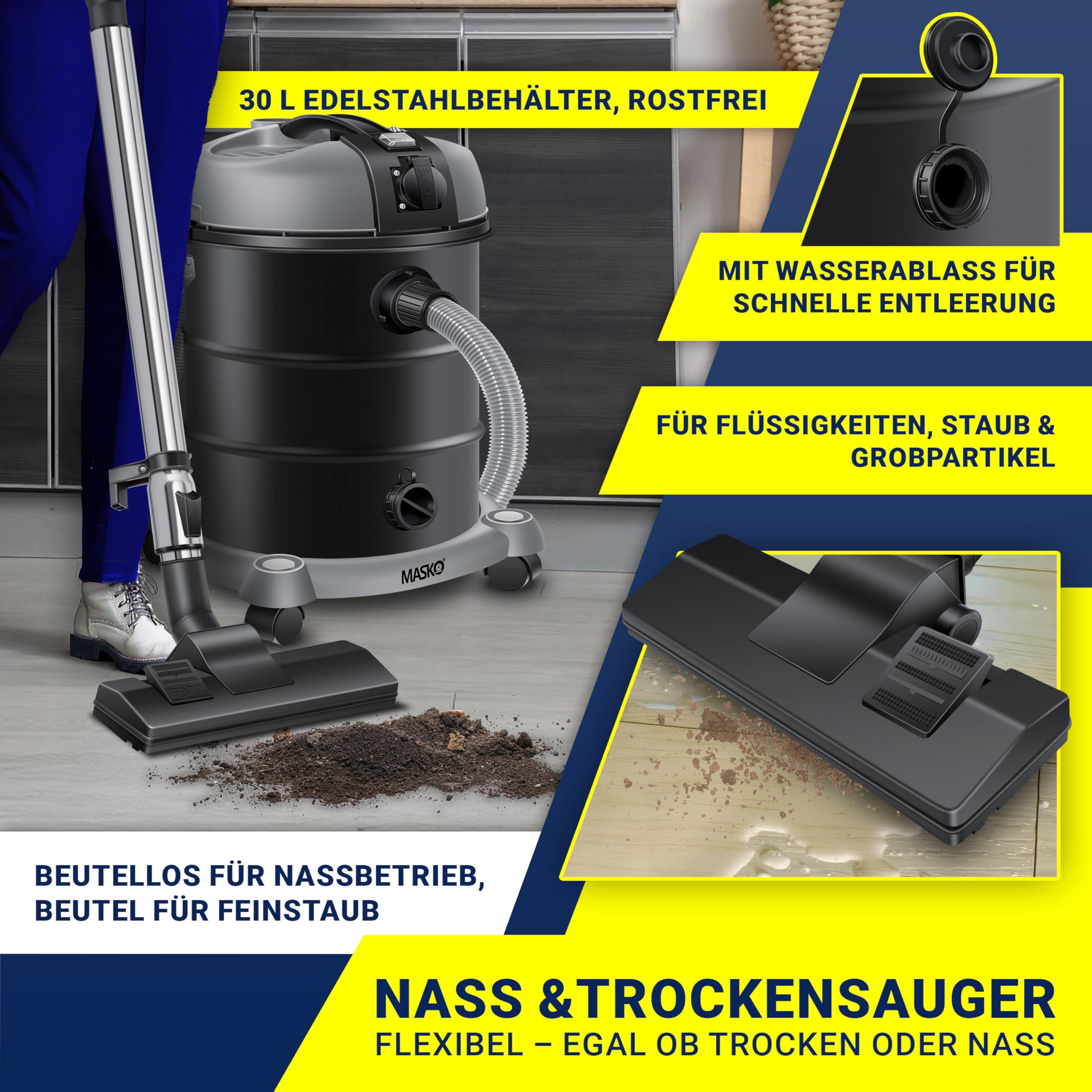 Masko® Aspirateur Industriel Aspirateur Eau et poussière Acier Inoxydable 2 300 W + Prise | Fonction soufflerie | 30 L | avec et sans Sac | Filtre Interchangeable Inclus | Tuyau: 3,5 m | Anthracite