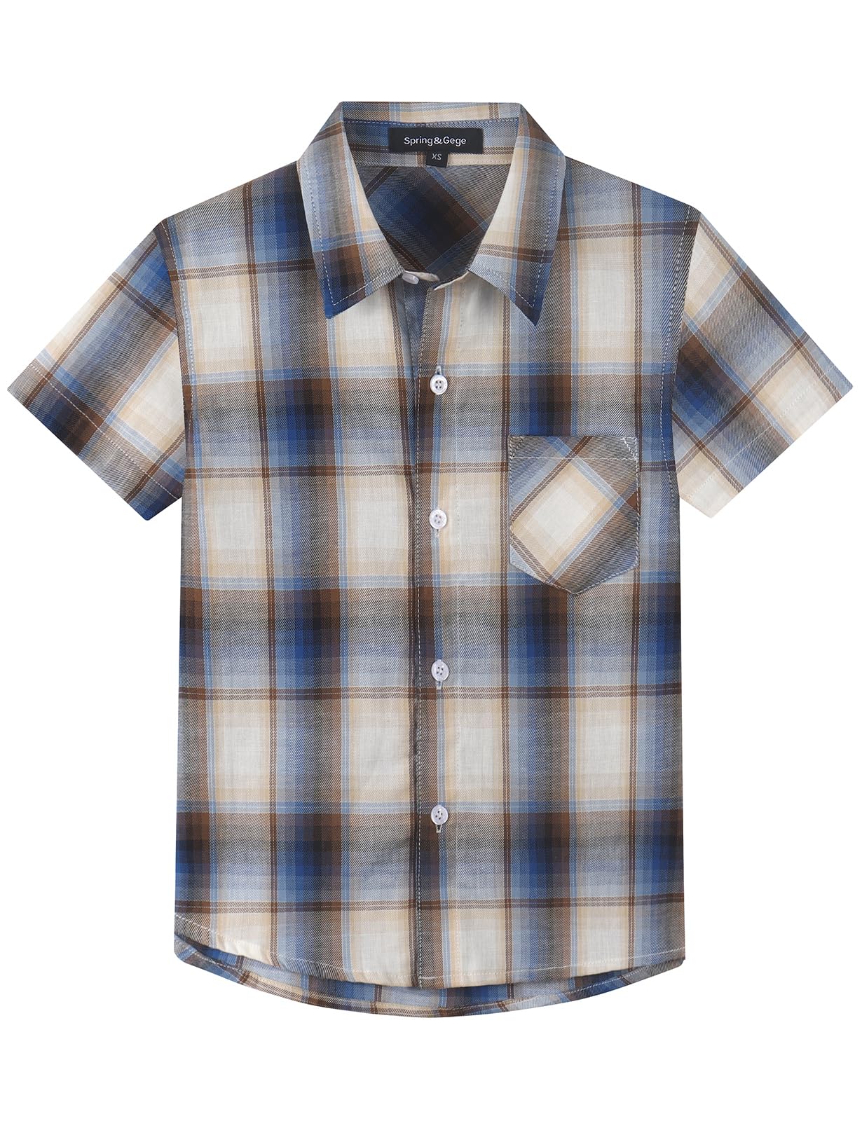 Spring&Gege Camisa de manga corta a cuadros para niños, casual, con botones y bolsillo en el pecho (5-14 años)
