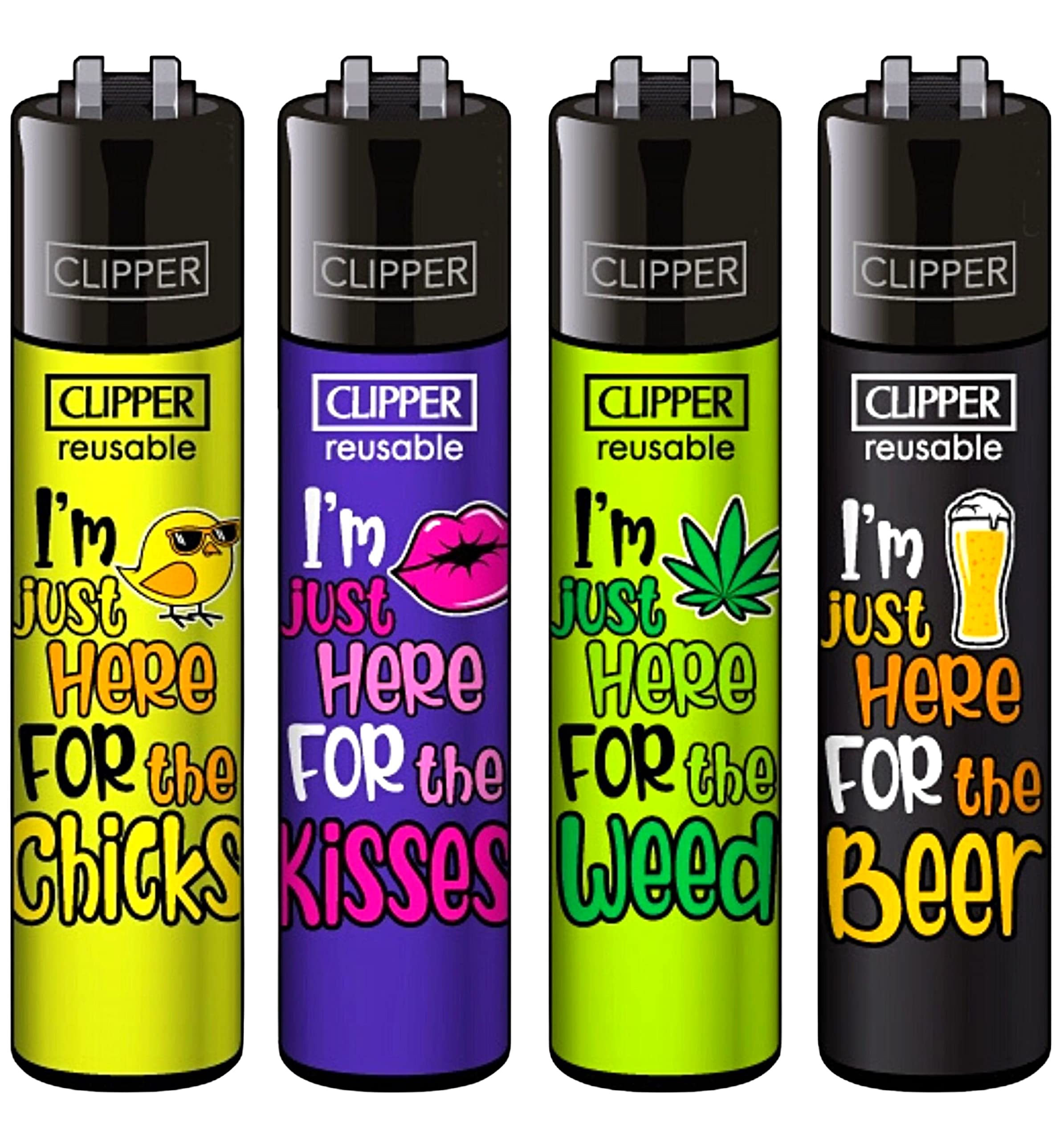 Zactly Multi-Color - Set Of 4 Clipper Lighters, Various Designs, Regular Refillable Standard Size Lighter Replaceable Flint (Slgn-40)
