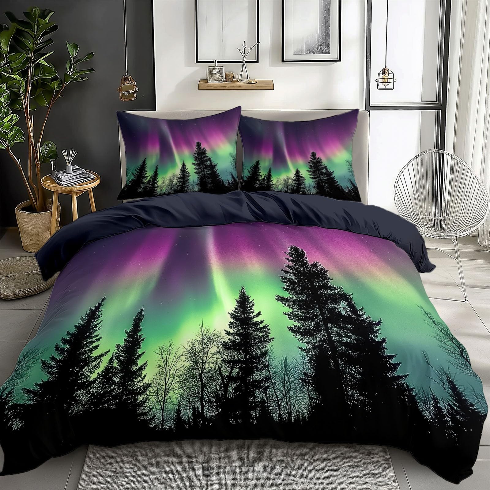 Dunkelblau Bettwäsche Set, Naturlandschaft Nordlichter Bäume Bettwäsche-Sets Weich Atmungsaktiv mit Reißverschluss Enthält 1 Bettbezug 155 x 220 cm und 2 Kissenbezüge 80x80 cm