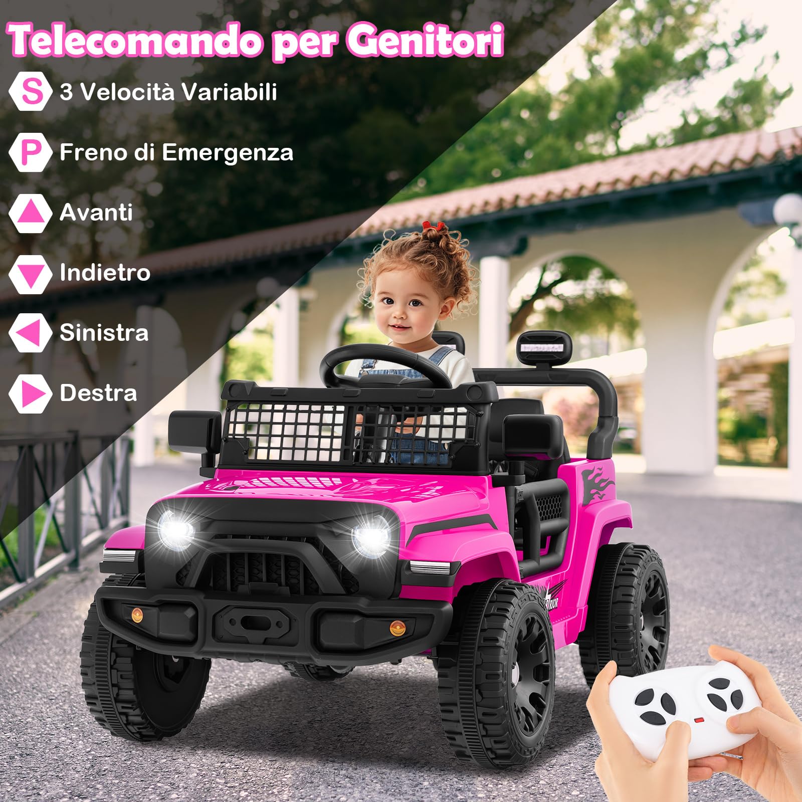 COSTWAY 12V Macchina elettrcia per Bambini, Auto con Telecomando 3 Velocità Luci LED Musica, Doppi Motori, Veicolo Elettrico per Bambini 3+ Anni, Carico 30 kg (Rosa)