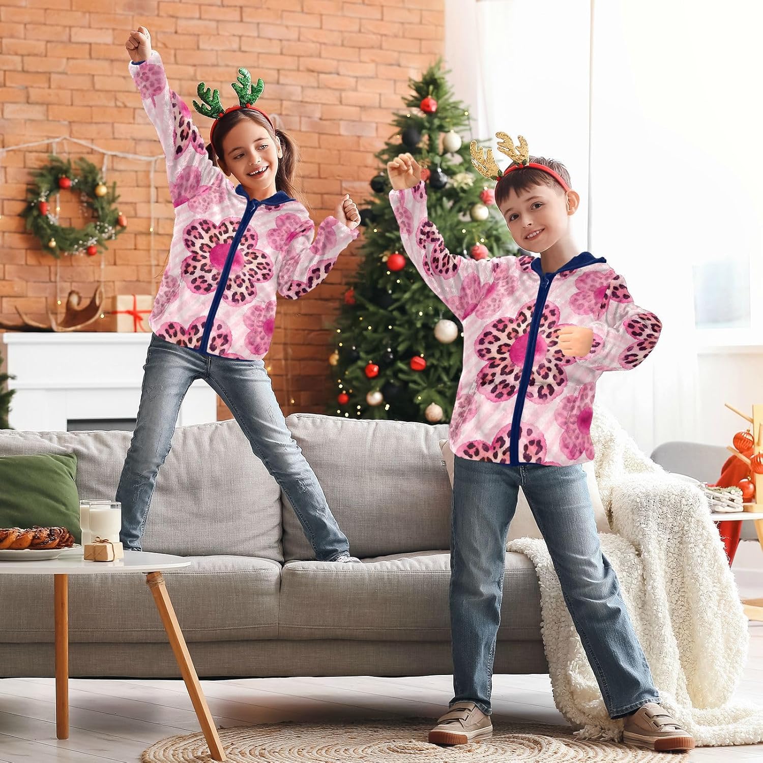 Pink Cherry Blossom Leopard Print Hooded Fleece Jacket Toddler Outerwear Jackets Navy Blue Baby Boys Clothes