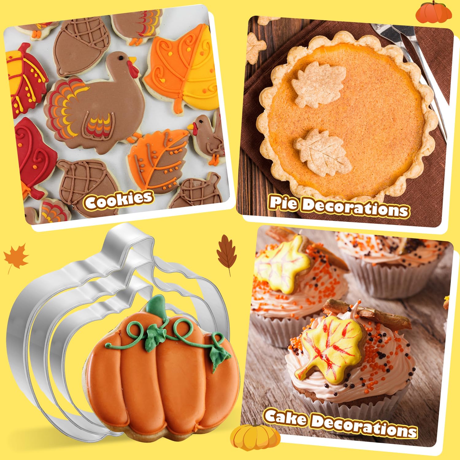 Juego de cortadores de galletas de Acción de Gracias, 21 piezas de acero inoxidable, cortadores de galletas de otoño, formas de pavo, calabaza, hoja de arce, ardilla, bellota, hongos, caramelos, maíz,