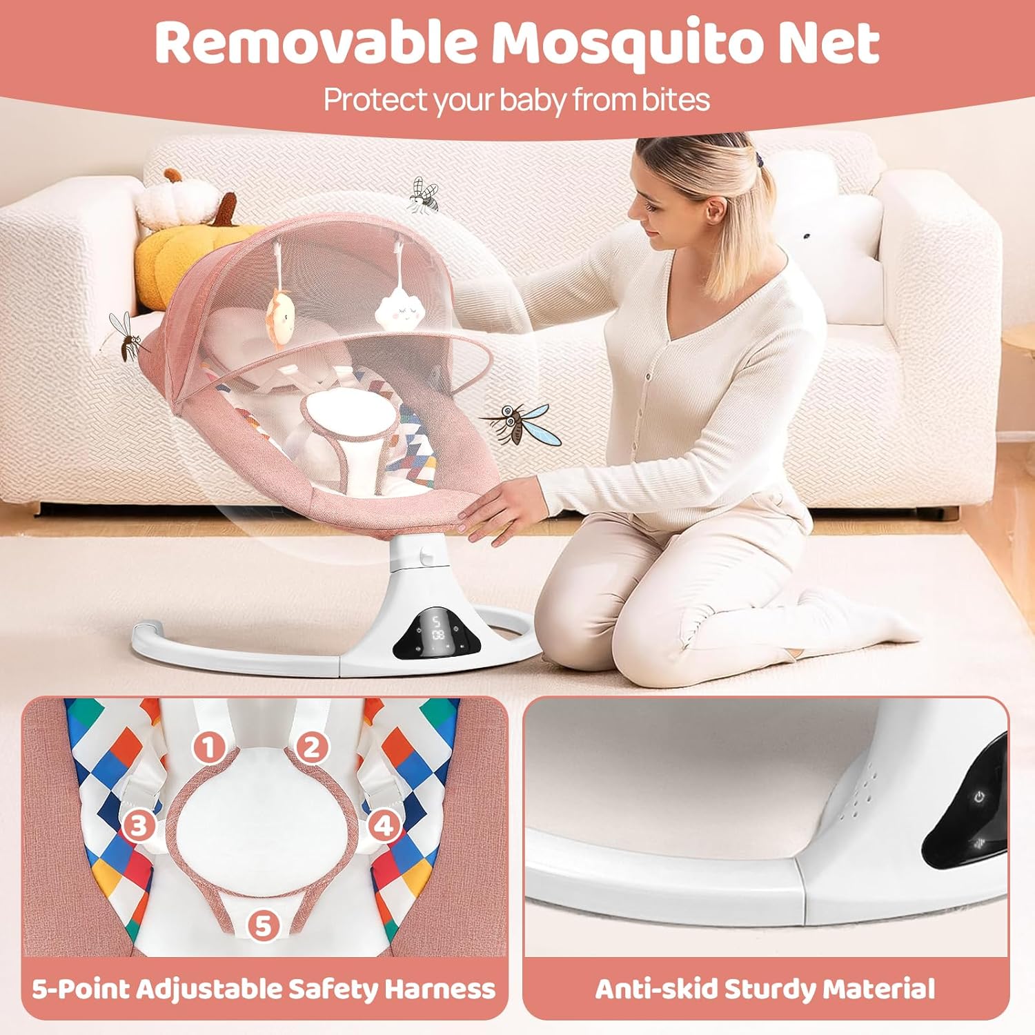 Baby Swings for Infants, Pink Infant Swing with 5 Speeds, 12 Soothing Melodies, Bluetooth & Remote Control, Portable Baby Swing for Indoor and Outdoor (Pink)