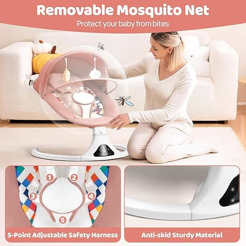 Miniatura 5 de Columpios de bebé para bebés, columpio infantil rosa con 5 velocidades, 12 melodías relajantes, Bluetooth y control remoto, columpio portátil para