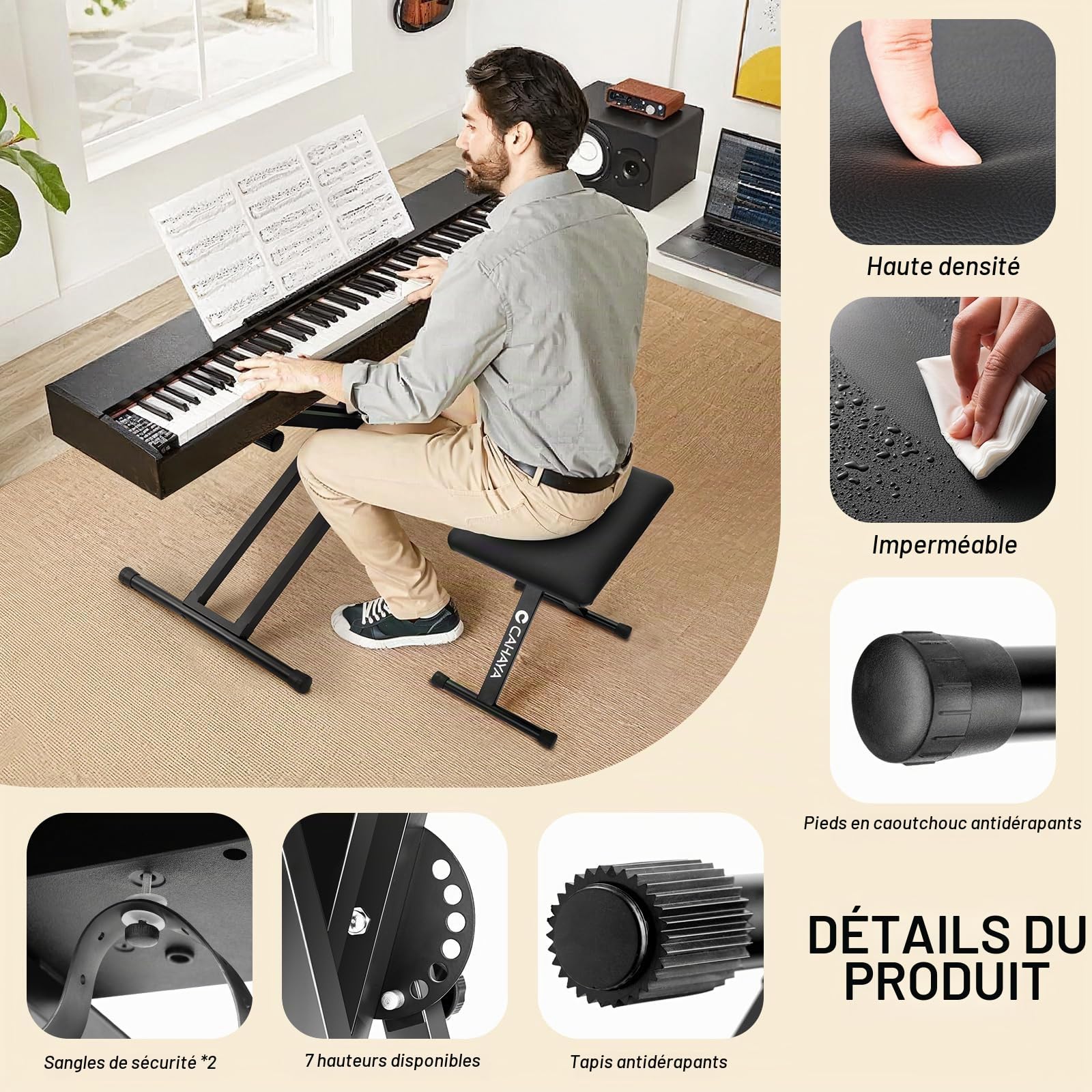 CAHAYA Support de clavier et banc de clavier - 6 niveaux réglables en hauteur - Double X-Frame - Pour clavier de 61, 76 et 88 touches - Charge maximale : 168 kg - Noir
