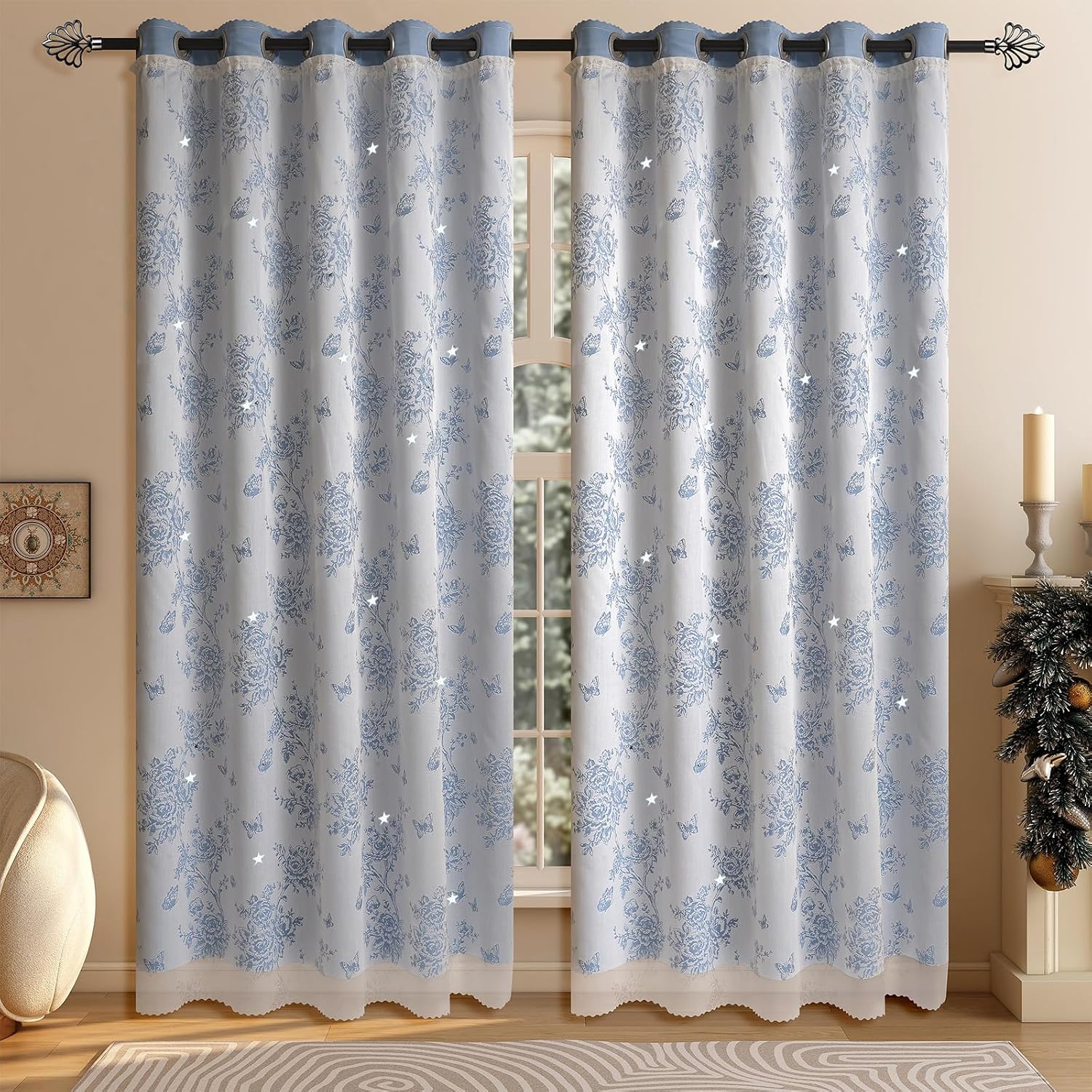 Elegant Floral Butterfly Grommet Curtains, White with Blue Pattern, Star Details, Semi-Sheer Window Panels, Scalloped Bottom Design 47" W x 84" L (Pack of 2)