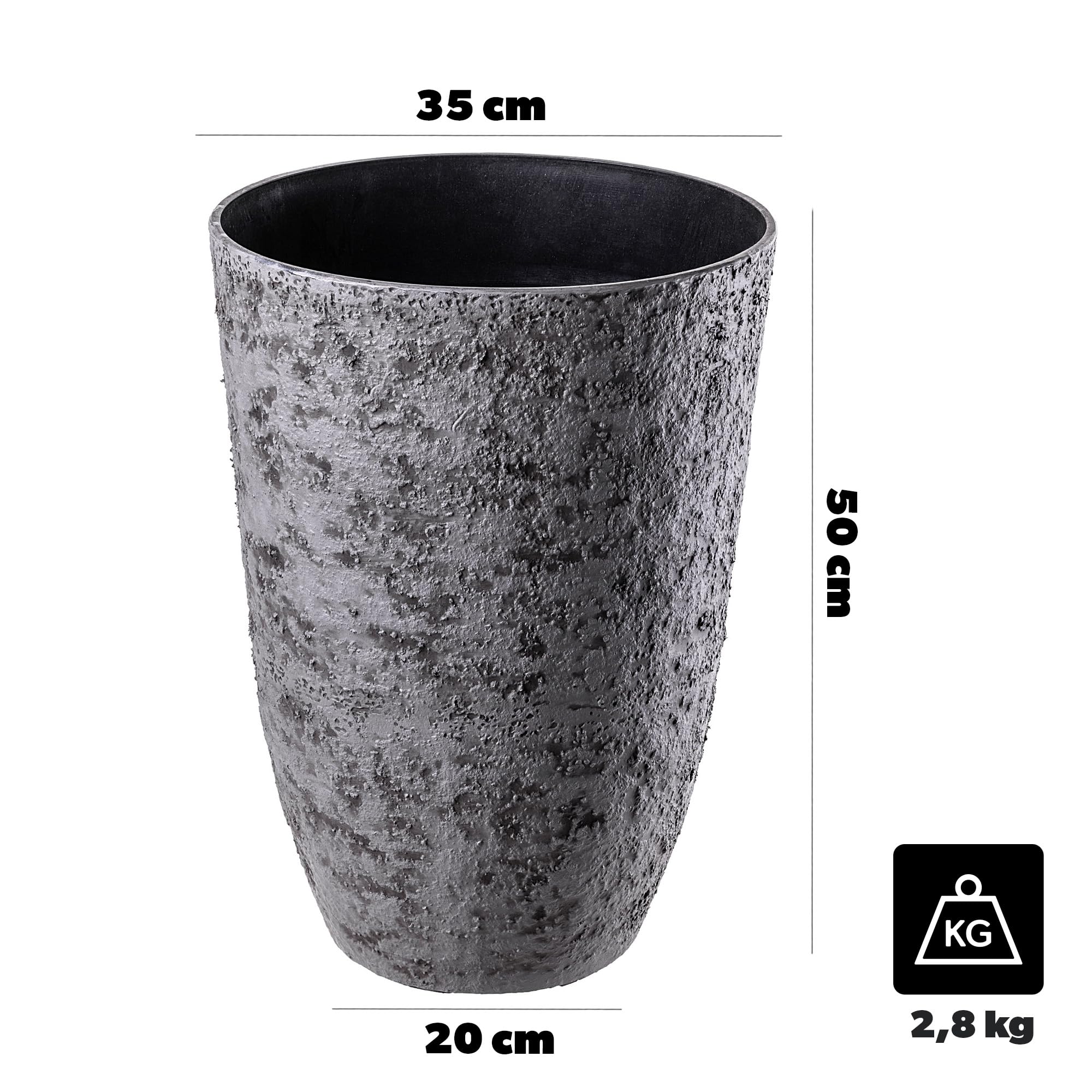 KADAX Pflanzkübel Ø 35 x H 50 cm, großer Blumentopf in realistischer Steinoptik, Pflanzentopf aus Kunststoff, wetterfester Blumenkübel für Terrasse (Grau)