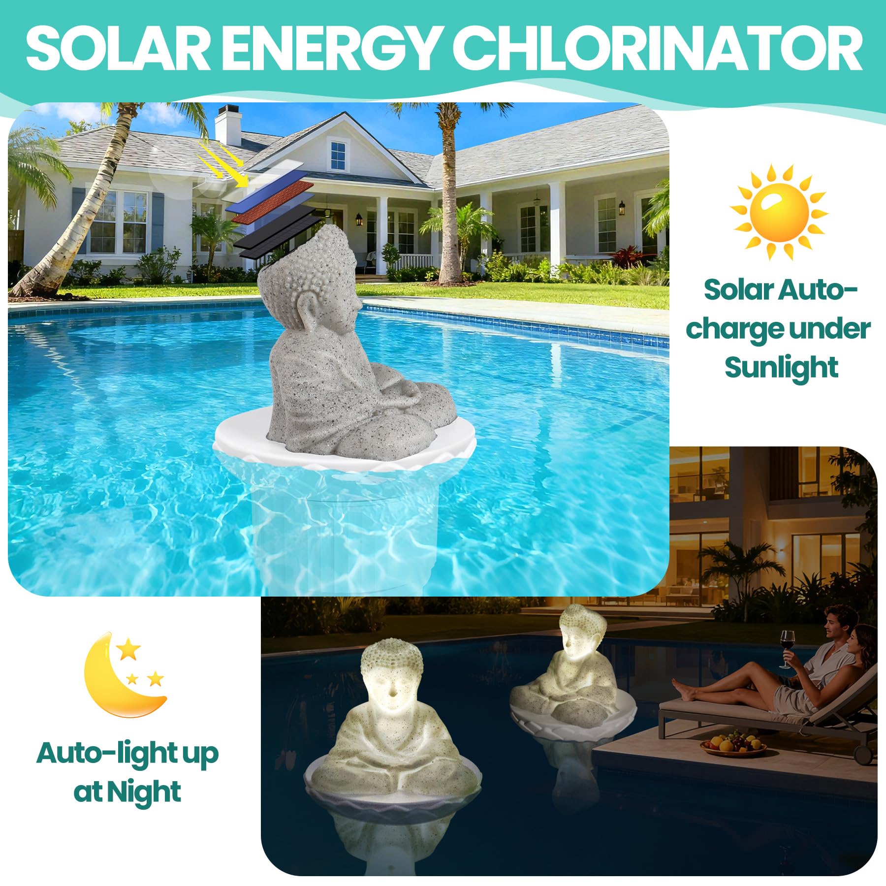 PRAXXIS Galleggiante solare per cloro, statua di Buddha galleggiante per cloro con luce solare, dispenser di cloro galleggiante regolabile per piscina, galleggiante per cloro pieghevole, galleggiante