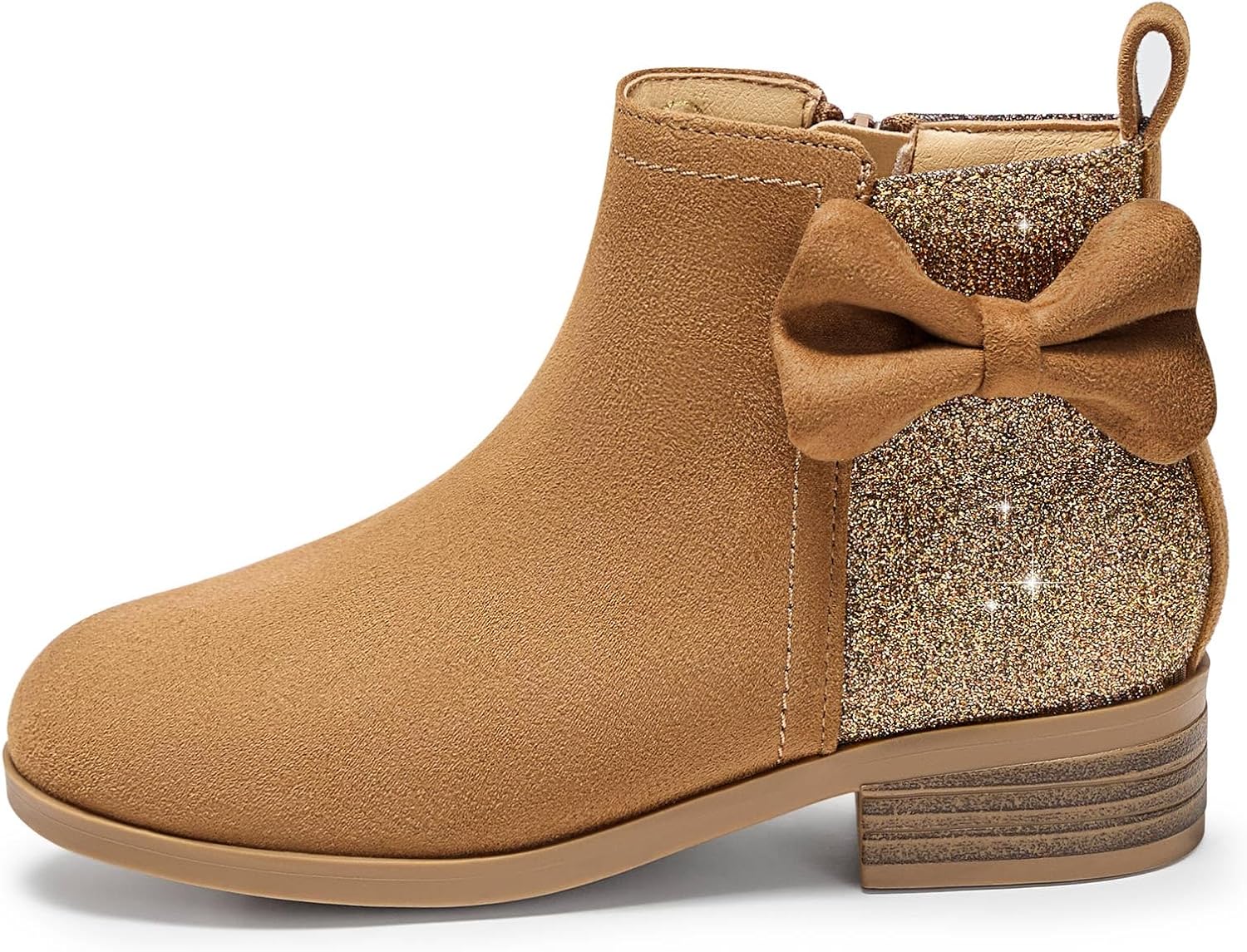 Coutgo Girls Bow Glitter Ankle Boots Side Zipper Low Heel Short Booties Dress Shoes