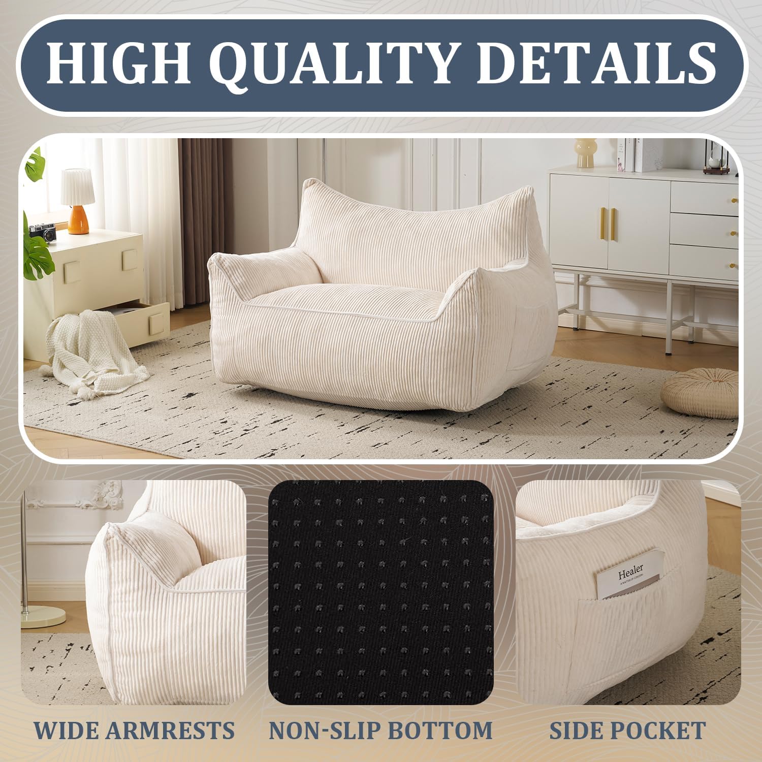 MOJAY Giant Bean Bag Chair, Oversized Plush Fluffy Lounge Chair with Filling, Comfy Stuffed Sofa with Backrest for Adults and Teens, Cozy for Gaming, Reading and Relaxing in Bedroom or Living Room