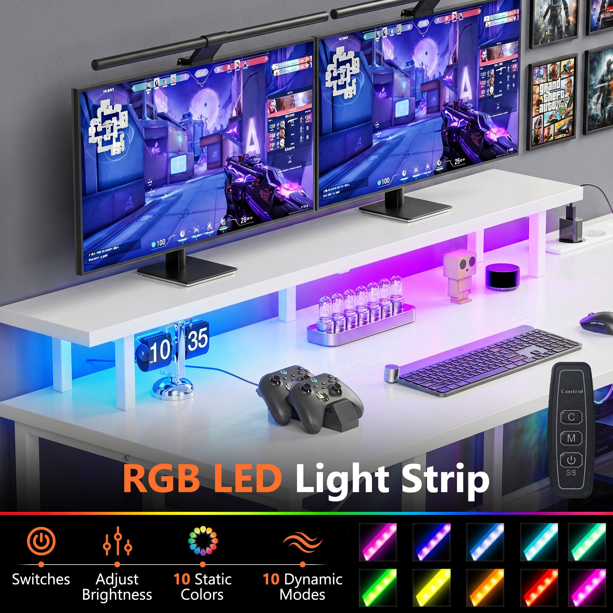 YOUDENOVA Scrivania con 4 Cassetti, 142x107 cm, Scrivania Angolare Reversibile con LED e Presa, Scrivania Gaming a L con Supporto per Monitor, Spazio di Archiviazione, per Home Office e Gamer, Bianco