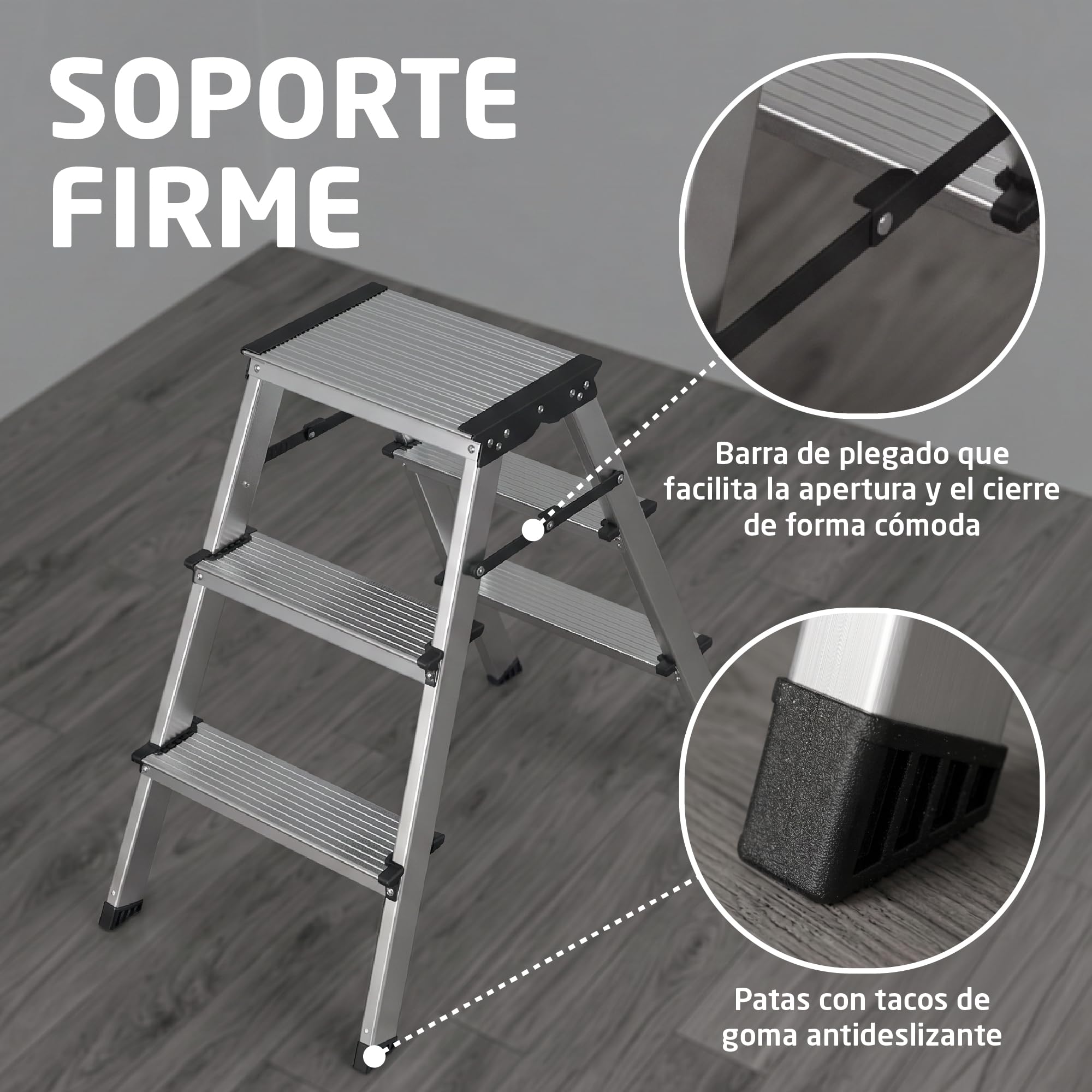 Amig Taburete Plegable 3 Peldaños Aluminio 57x60x36 cm | Ligero y fácil de transportar. Peldaños antideslizantes y plegado compacto.