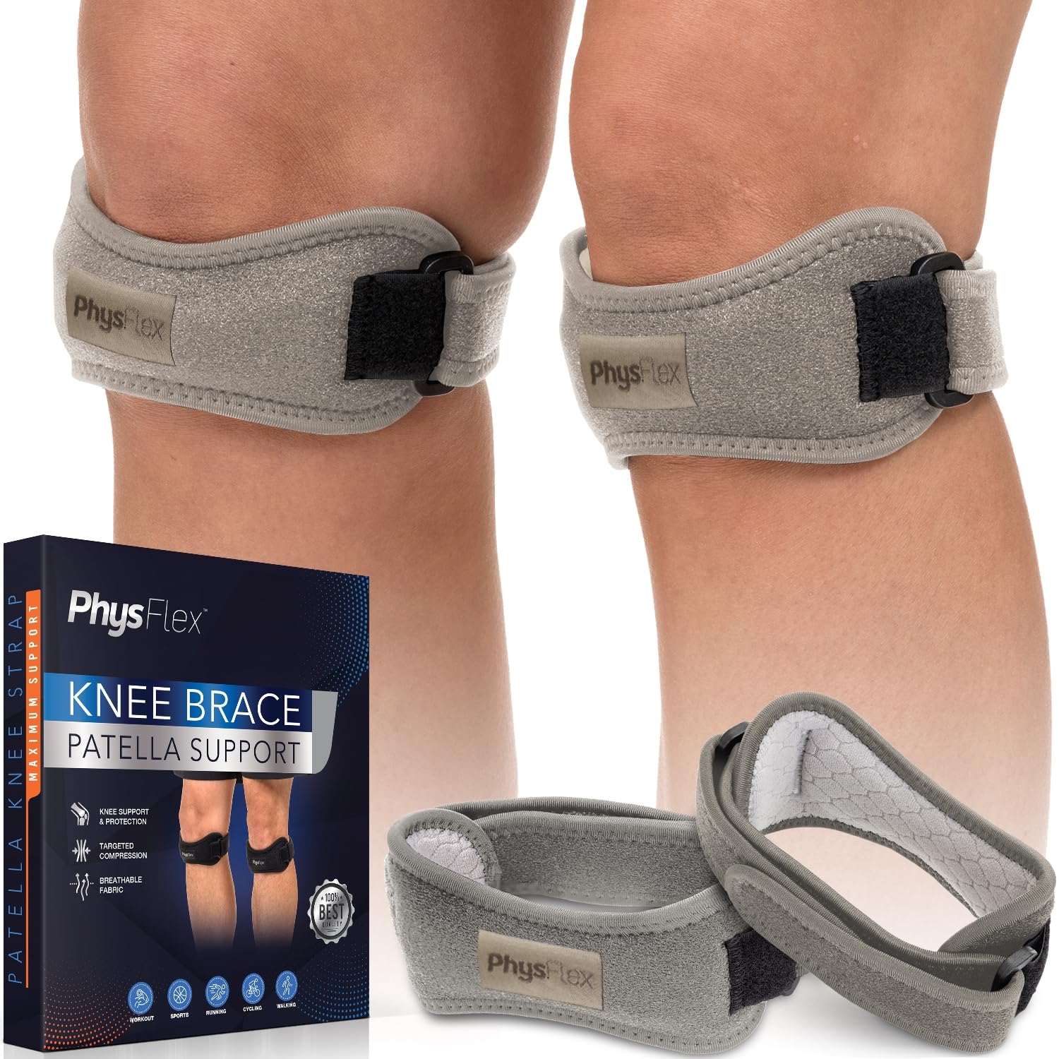 PhysFlex Patella Knee Brace 2 Pack - Knee Support and Pain Relief, Running, Hiking, Basketball, Jumpers Knee, Tendonitis, Adjustable Strap Patellar Tendon Stabilizer (Gray)