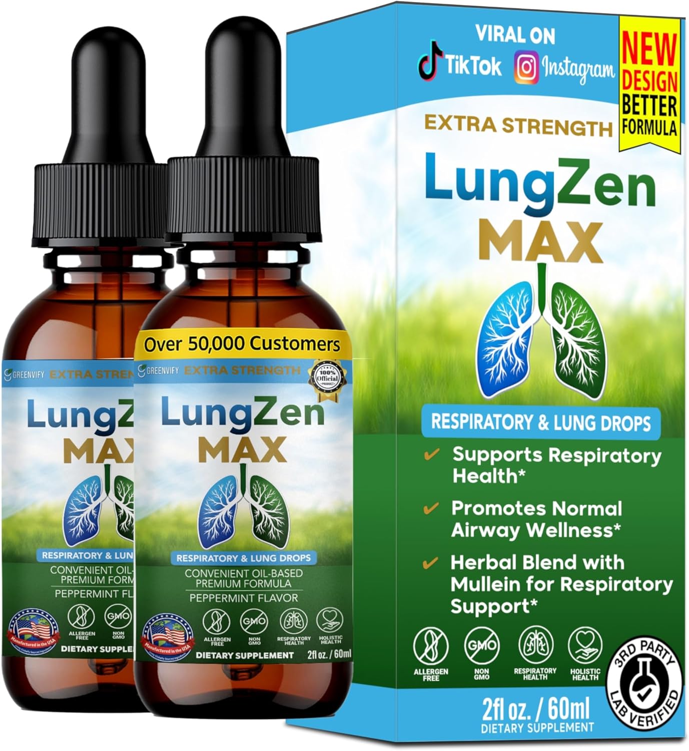 LungZen MAX Respiratory & Lung Drops, Peppermint Flavor, 2 fl oz (2)