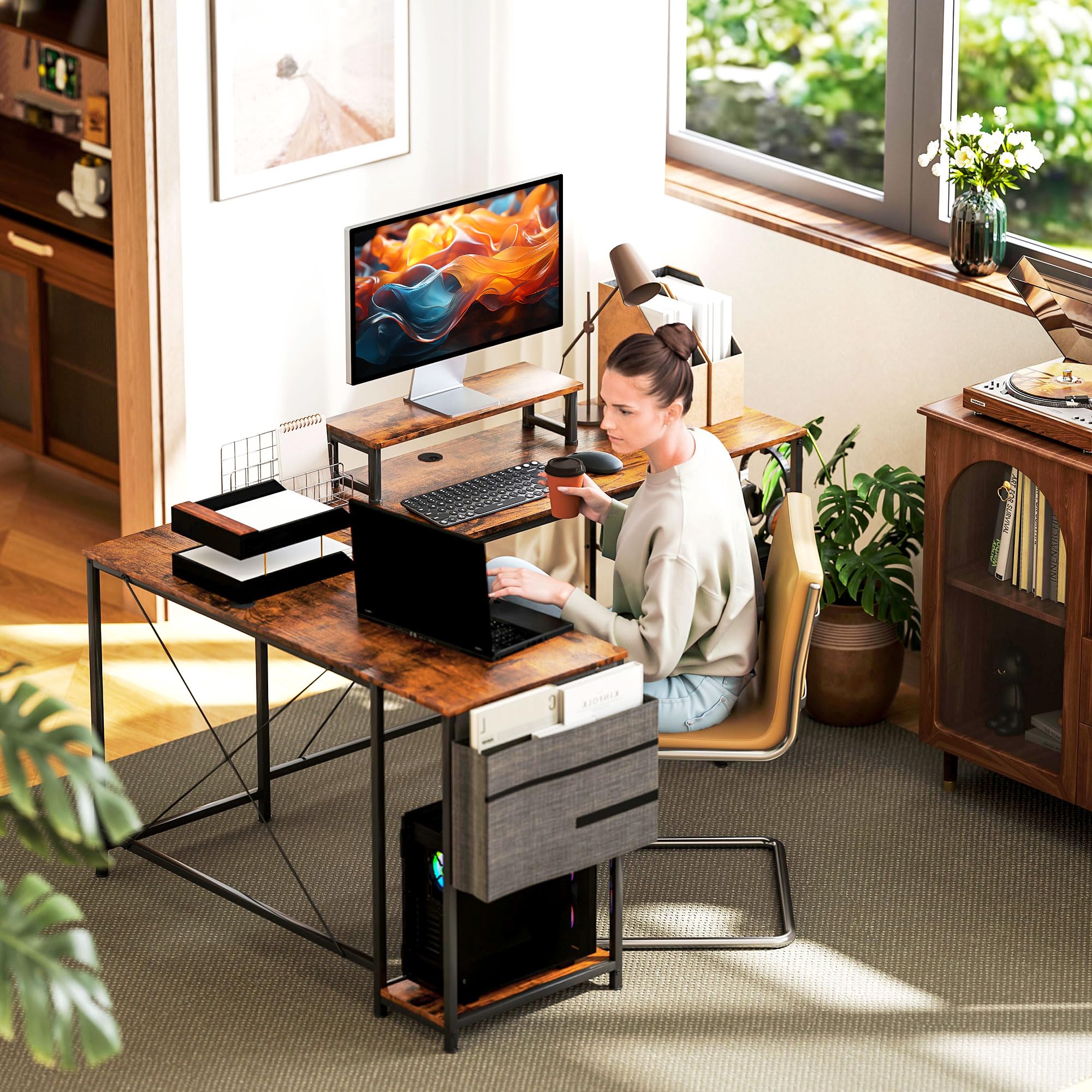 HOMCOM Bureau d'angle Réversible Étagère Réglable 168-240 cm Brun Rustique