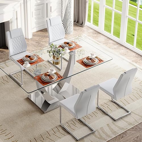 Miniatura 53 de Juego de mesa de comedor para 4, 63 pulgadas, juego de mesa de comedor de vidrio templado negro para 4 personas con sillas de poliuretano, moderno