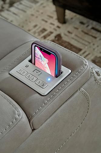 Miniatura 16 de Signature Design by Ashley The Man-Den - Sofá biplaza reclinable de cuero con consola central, reposacabezas ajustable y carga inalámbrica, gris