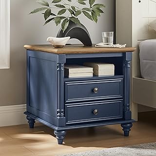 T4TREAM 24'' Farmhouse End Table w/4 Solid Wood Feet, Large 2 Drawers Wide Sofa Side Table with Charging Station, Tall Rustic Wood Square Nightstand for Living Room, Bedroom, Rustic Oak Antique Blue