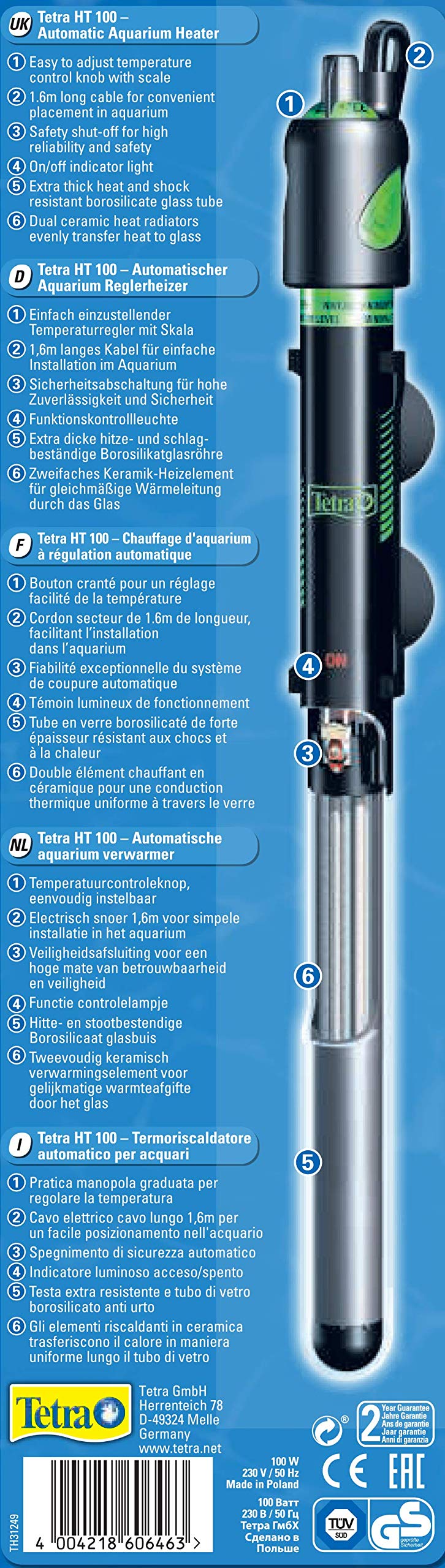 Tetra HT 100 - Potente Riscaldatore per Acquario per Coprire Diversi Livelli di Potenza con Manopola di Regolazione della Temperatura