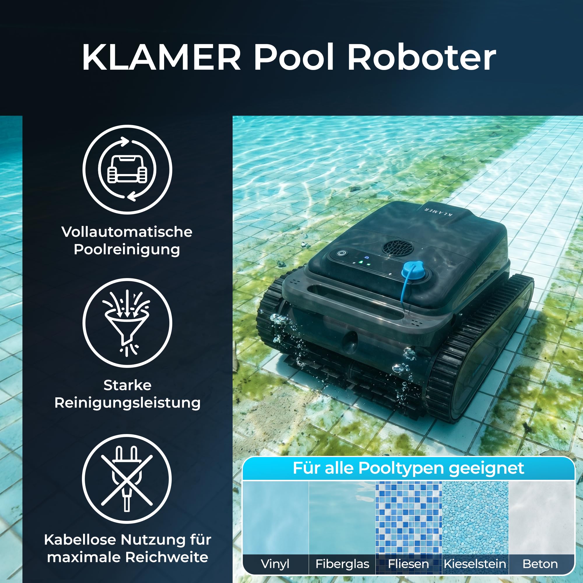 KLAMER Poolroboter Akku Kabellos, Wand & Boden, 150 Min, 200 m² | Bluetooth App-Steuerung, 4 Reinigungsmodi, Waschbarer Filterkorb, Display mit Akkuanzeige, bis 200 m², 150 Min Laufzeit