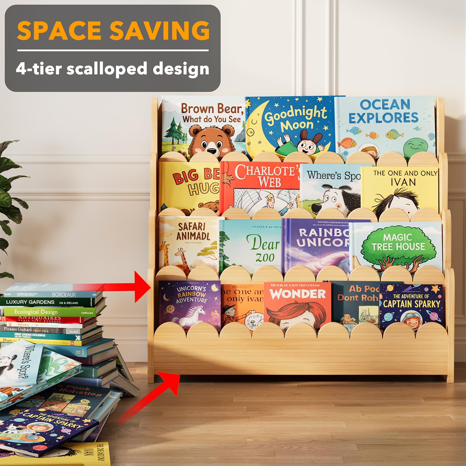SpaceAid 4-Tier Scalloped Bookshelf, Montessori Bookcase for Toddlers, Wooden Bo - product photo