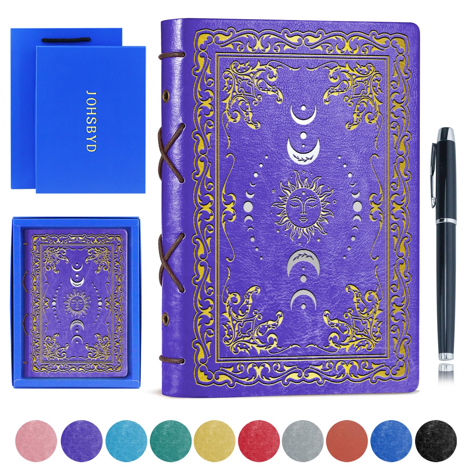 JOHSBYD Sun & Moon Faux Leather Notebook,Hardcover Executive Notebooks for Women Men,320Pages Journal Notebook with Pen,Vintage Sun & Moon Design,1