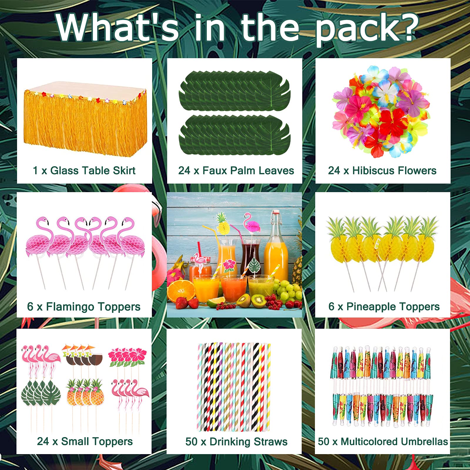 185 Pezzi Gonna Tavolo Hawaiana Tropical Tovaglia da Tavolo Set Luau Decorazioni con Foglie di Palma Fiori hawaiani Cake Topper ombrelli cannucce per Decorazioni da Tavola Hawaiane Luau Party