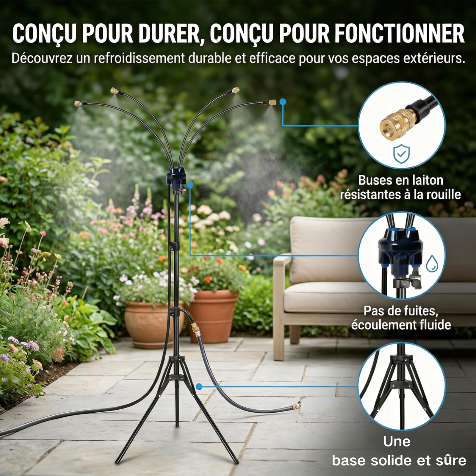 Brumisateur sur Pied, Trépied Hauteur Réglable 110cm, Système de Rafraîchissement pour Terrasse Jardin Piscine, Kit Brumisation Extérieur avec 8m Tuyau, Arroseur Automatique pour Barbecue Animaux