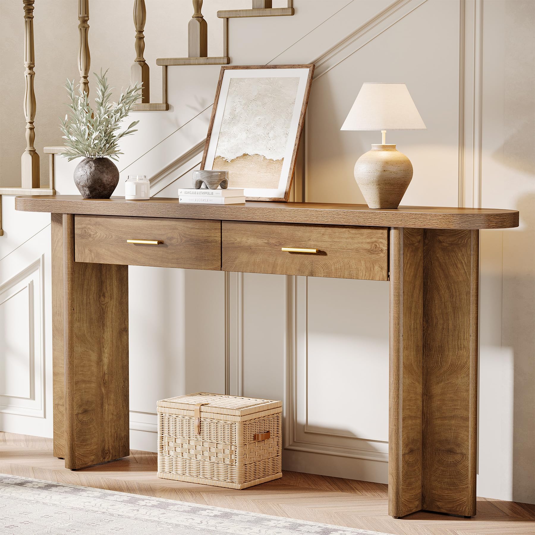 Tribesigns Tavolino consolle con 2 cassetti, 160 cm, in stile rustico, ovale, con vano portaoggetti, per soggiorno, corridoio e ingresso, marrone