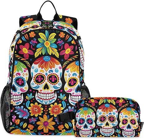 Sugar Skull Day Of Dead Backpack and Lunch Bag Set Back Pack Bookbag Cooler Case Kits