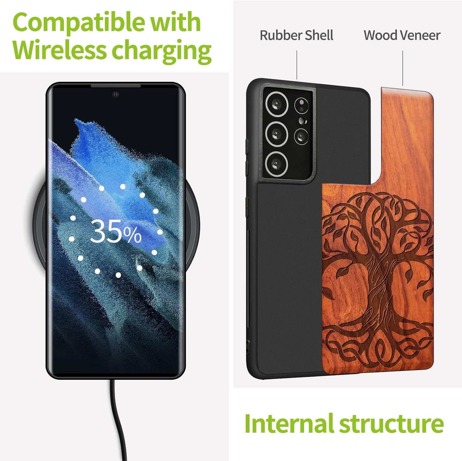 Carveit Wood Case for Galaxy S21 Ultra Case [Hard Real Wood & Black Soft TPU] Shockproof Hybrid Protective Unique Wooden Cover Compatible with Samsung S21 Ultra (Celtic Tree of Life-Rosy)