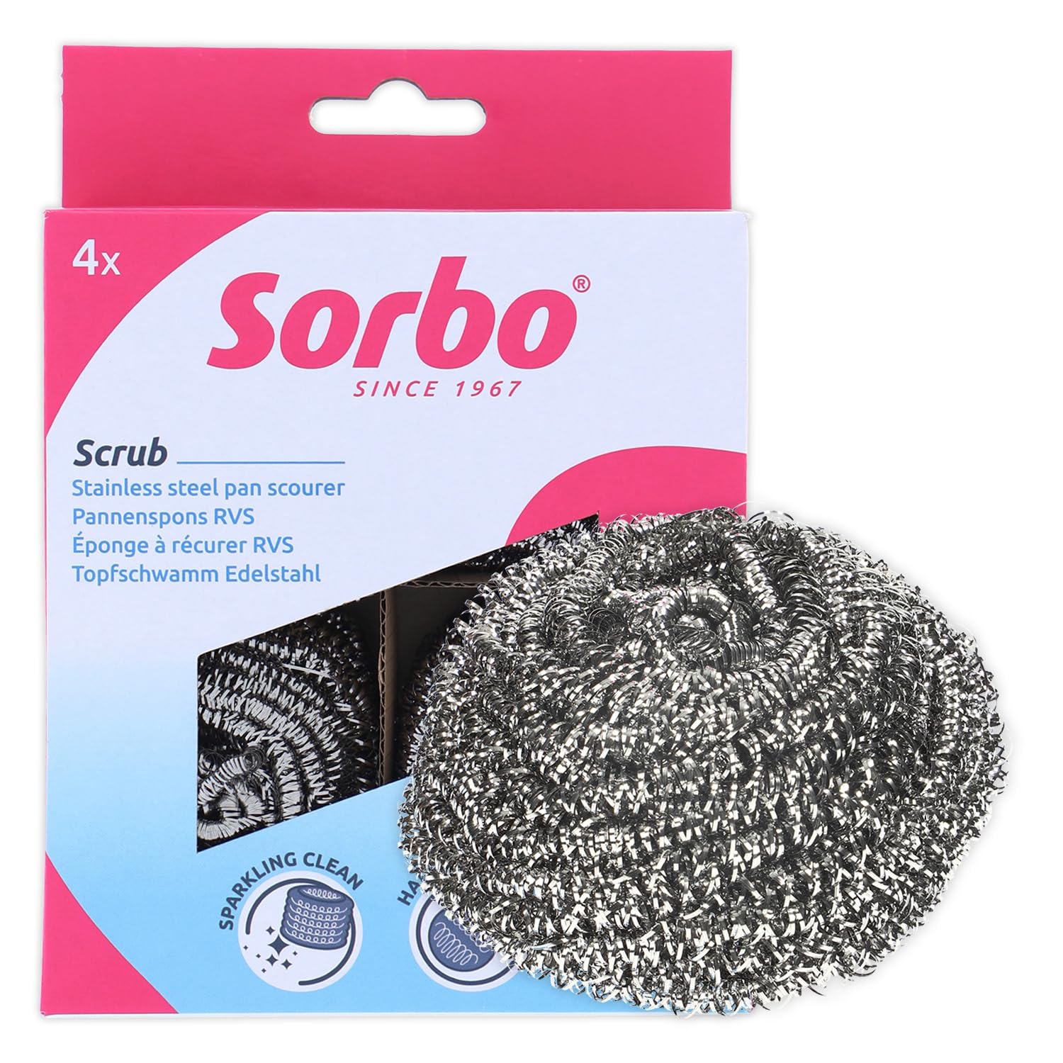 Sorbo Stainless Steel Pan Scourers, 4 Pack, Strong & Durable Scrubbers for Tough Cleaning Tasks – Perfect for Pots, Pans, BBQs, and Ovens