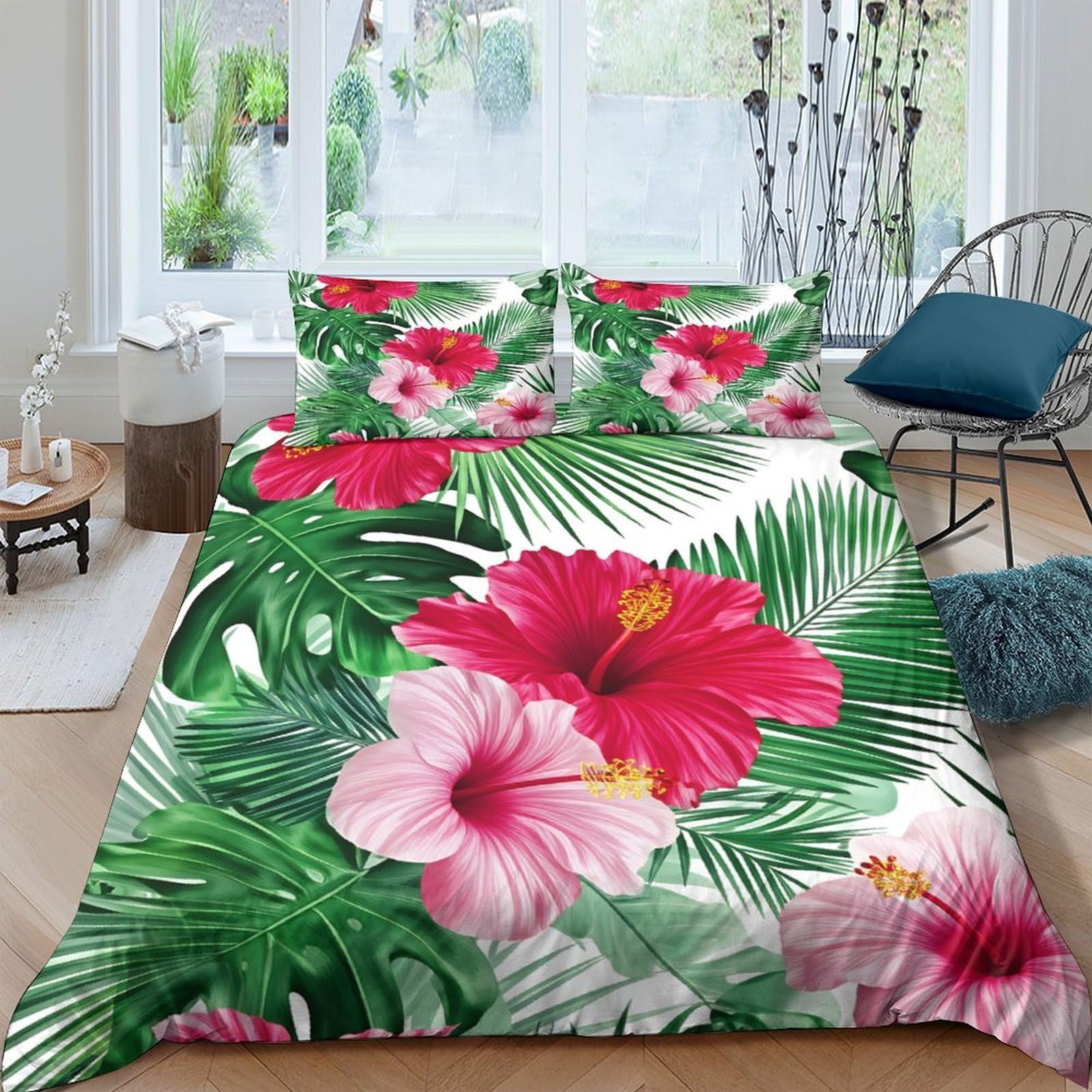 Ctjqhvkz Style-9 3D Printed Tropical Hibiscus Fitted Sheet Microfiber Soft Breathable Palm Leaf Mattress Cover For Bedroom Dorm Decor Single（135X200cm）
