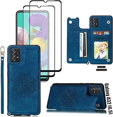 LMDAMZ for Galaxy A32(5G) 6.5 Inch Wallet Case with Card Holder, Mandala Embossed Faux PU Leather with Wrist Strap Double Magnetic Clasp Case Flip Back Wallet Case with Stand Function (Blue)