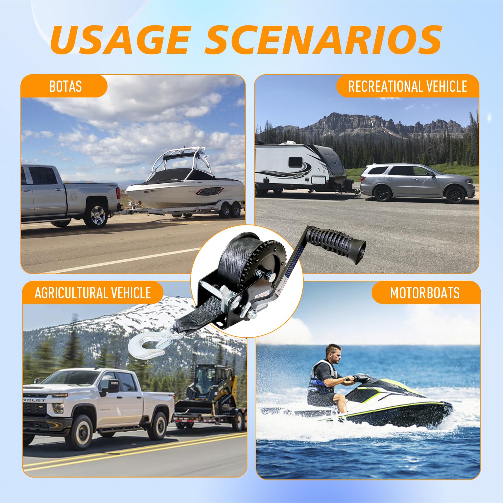 Hand Winch, Heavy Duty Boat Trailer Winch Hand Winch with 10M (33FT) Polyester Strap and Two-Way Ratchet, 1600LBS Pulling Capacity, Manual Operated Hand Crank Winch for Trailer, Boat or ATV Towing — view 9