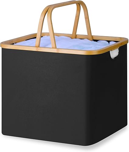 iEGrow Cesta de lavandería con mango de bambú, cesta de lavandería de 60 litros, cestas de lavandería plegables, cesta de ropa sucia para dormitorio