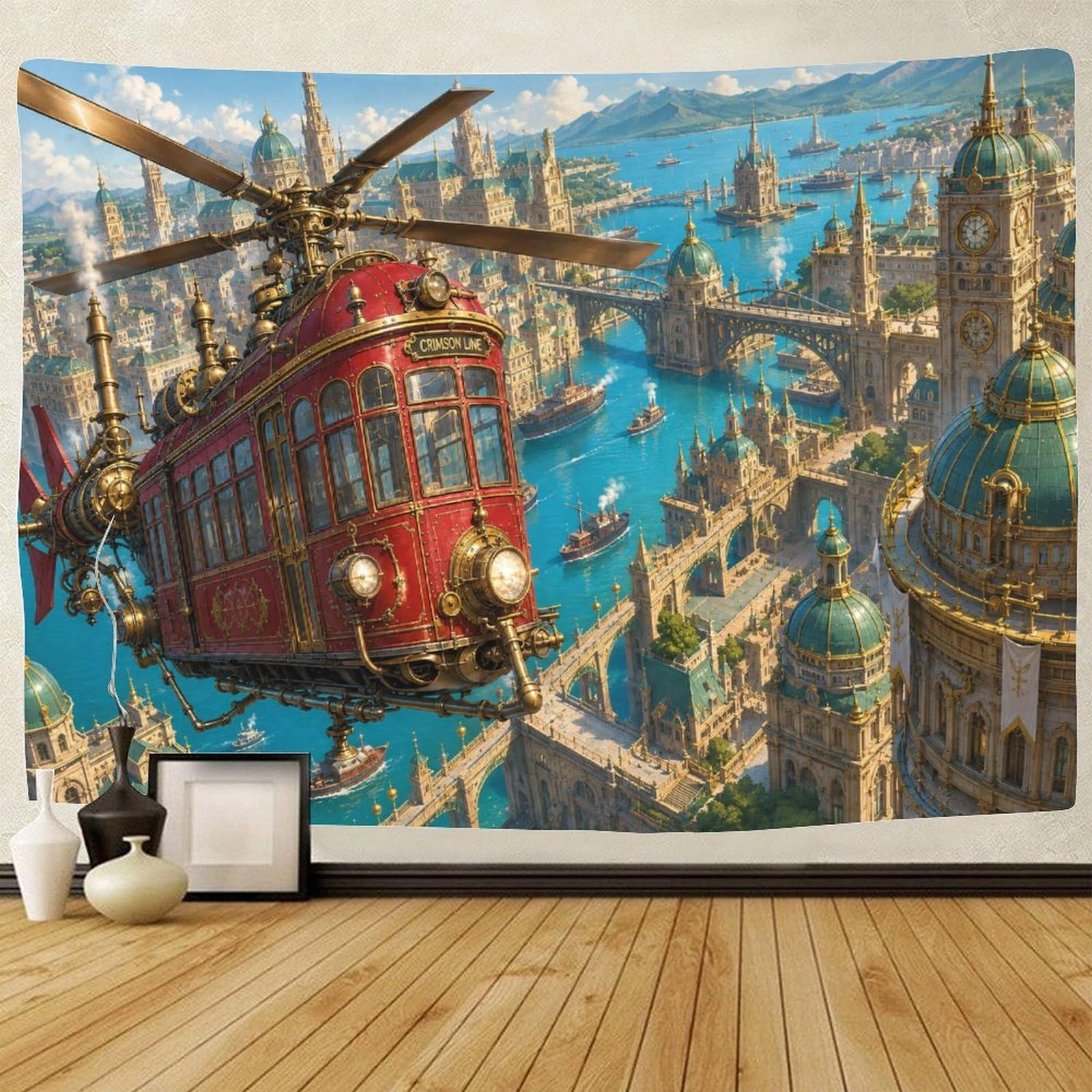 GPMNBCXZK Steampunk Airship Painting Wall Hanging Decor 3D Print Wall Tapestry Tapestries Poster Curtain Bedroom College Dorm 130cmx150cm