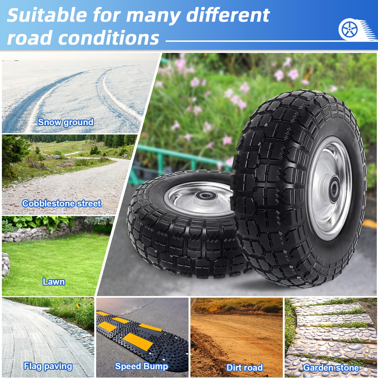 12'' Flat Free Tires Rubber Replacement Solid Tire and Wheel Assemblies for Hand Trucks Garden Cart Wheelbarrow - 3.5”Wide Polyurethane Tires 2.1 Hub with 5/8 Inch Axle Borehole Silver — Amazon image 6