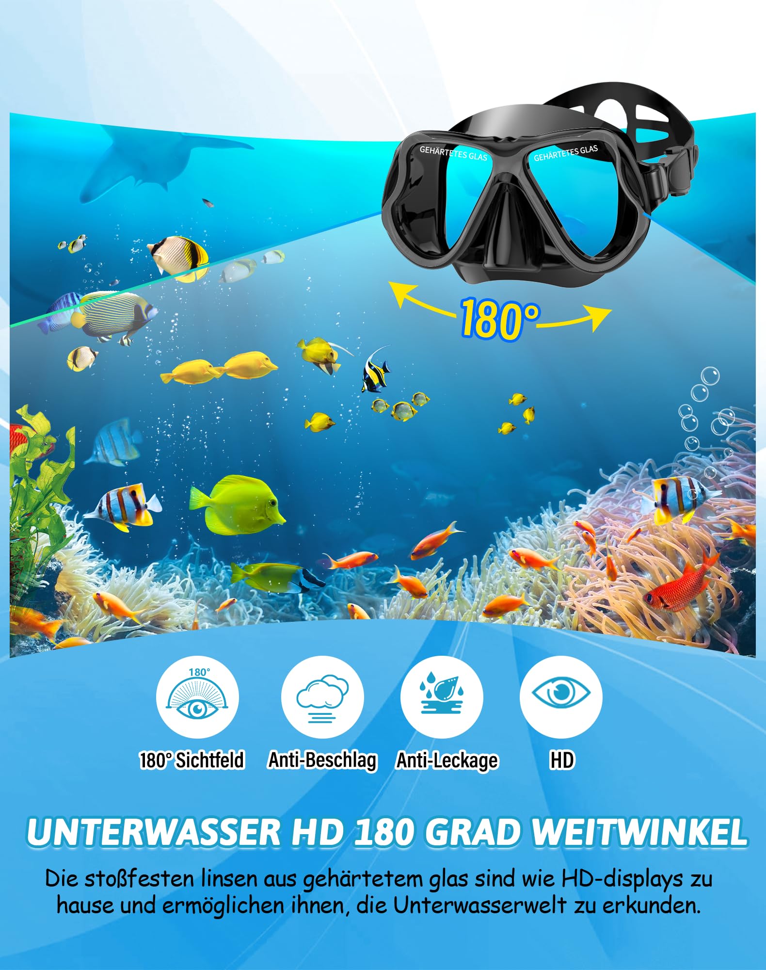 QcoQce Schnorchelset für Erwachsene, Trocken Schnorchel mit Anti-Fog und Anti-Leck Tauchmaske aus Gehärtetem Glas, Panorama Sicht und Leichtes Atmen für Schnorcheln und Tauchen