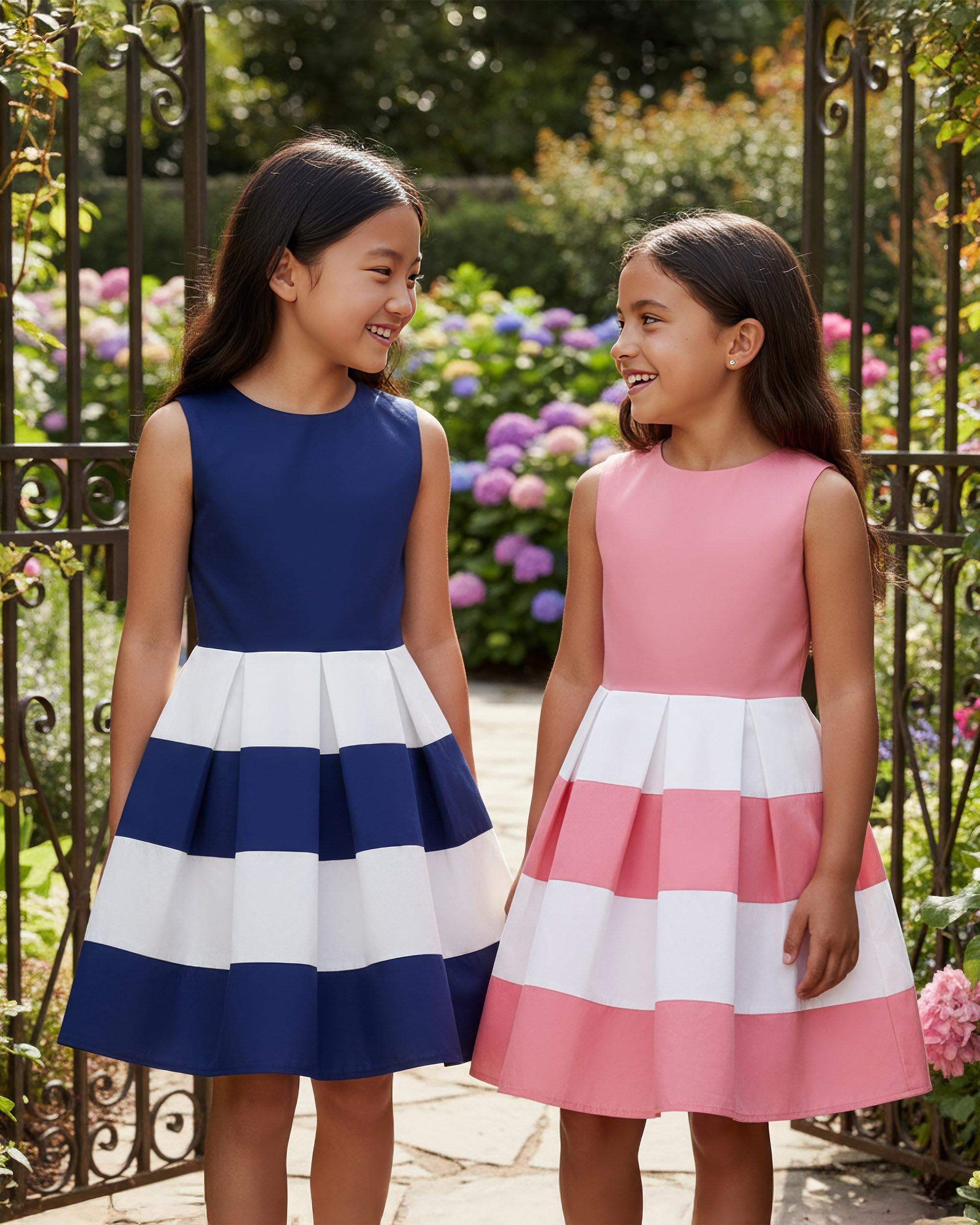 BlackButterfly Vestito Bambina Lilly a Righe | Gonna a Pieghe, Bicolore, Senza Maniche, Scollo Tondo, Foderato, Zip Dietro, 3-14 Anni