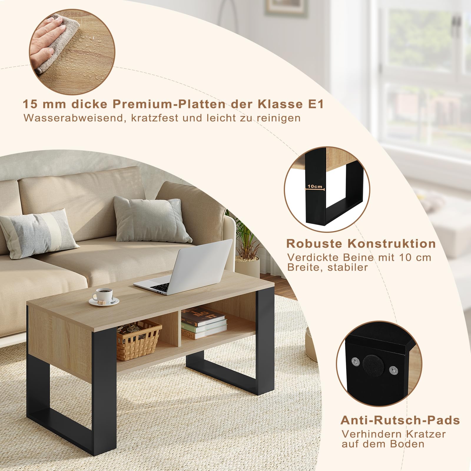 WOLTU Couchtisch mit Stauraum, Beistelltisch fürs Wohnzimmer, Wohnzimmertisch modern, rechteckiger Kaffeetisch Sofatisch, 2 offene Fächer, helle Eiche Schwarz, BTS16hei