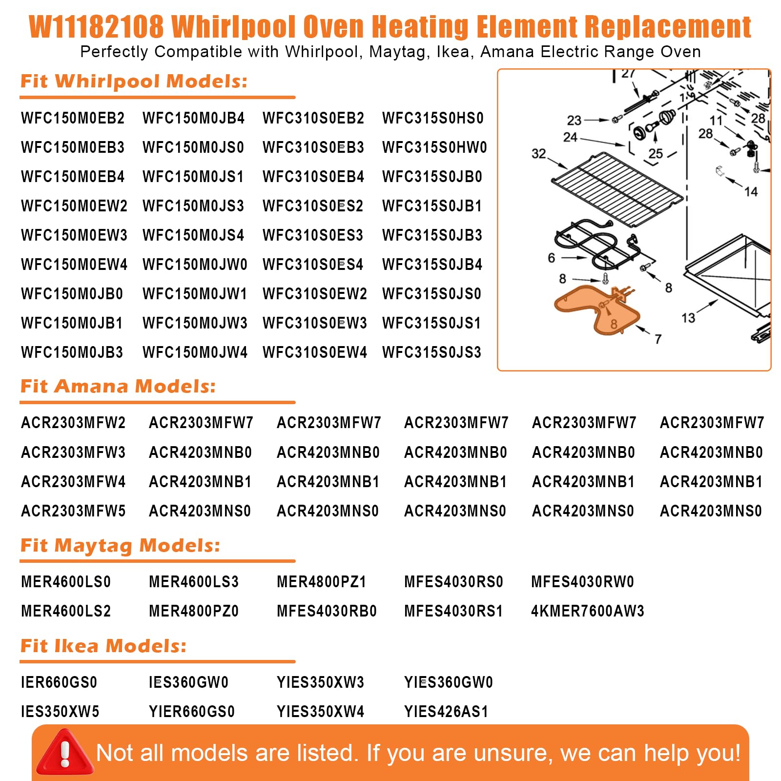 Elemento calefactor W11182108 mejorado para horno Whirlpool WFE320M0ES