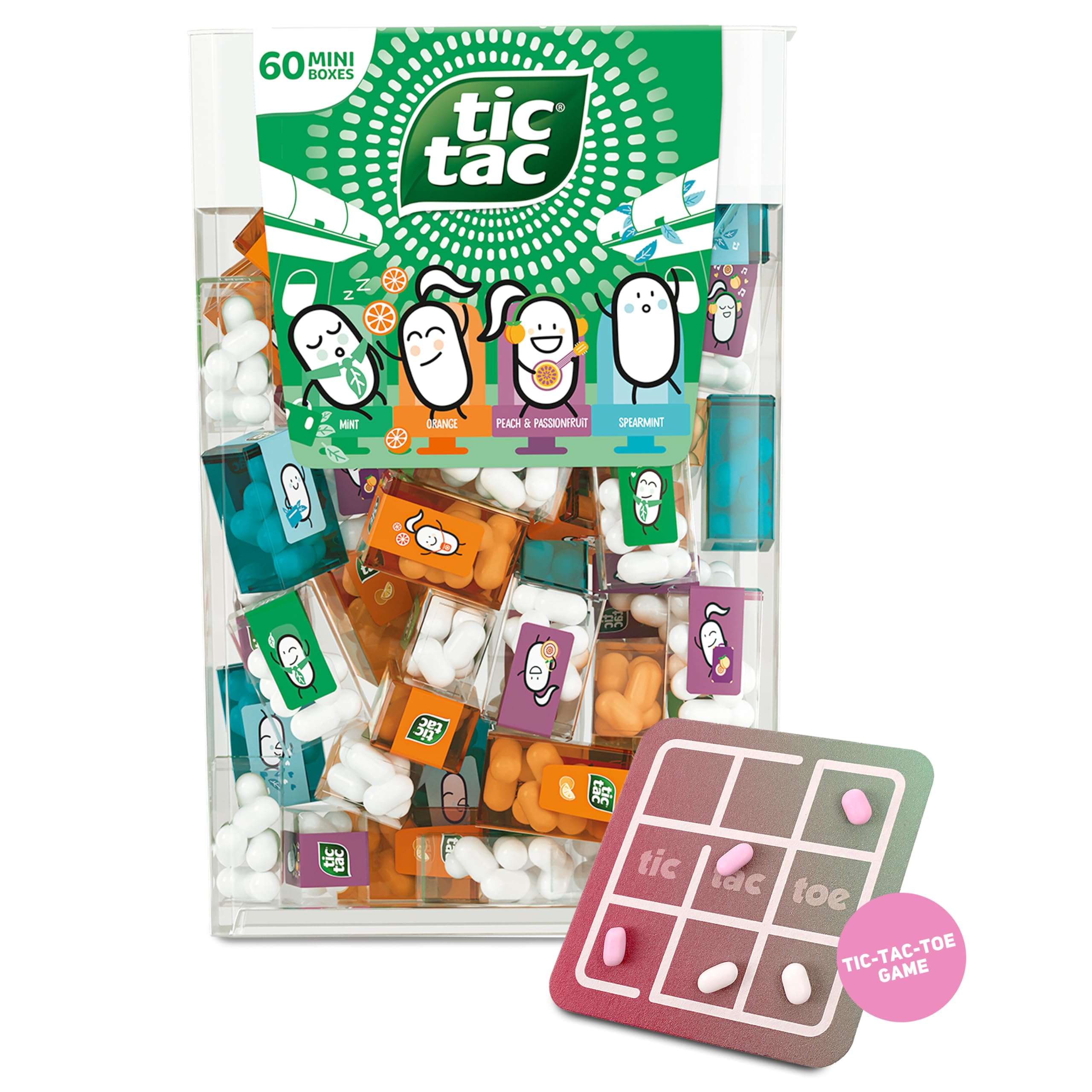 TicTacToe Travels Set de voyage - 60 mini-boîtes de 3,8 g, aux goûts variés, avec jeu TicTacToe - Mini bonbons, idéal pour les anniversaires d'enfants, cadeaux d'accompagnement & publicitaires