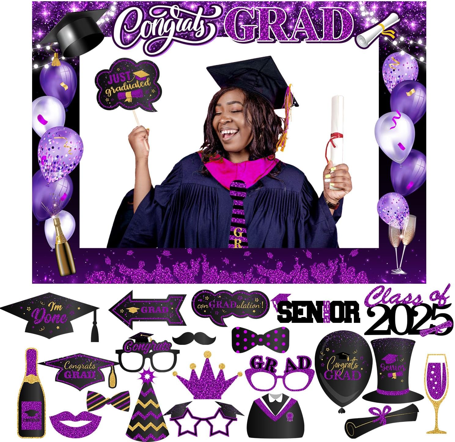 Graduation Photo Booth Props-Purple Class of 2025 Graduation Party Decoration,Congrats Grad Booth Frame and Grad Photo Props with Sticks for Boys Girls Graduation Party Favors Supplies Decorations
