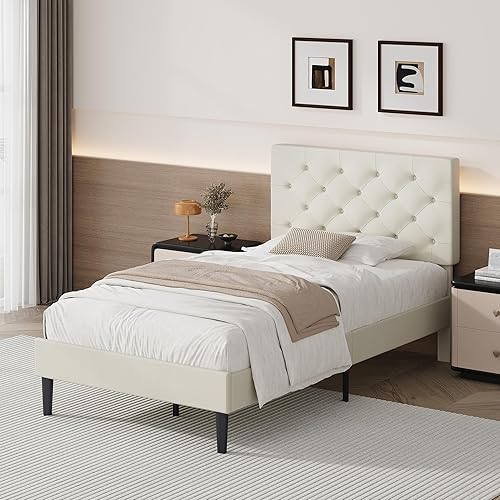 Miniatura 93 de BarnFurin Base de cama de tamaño matrimonial con cabecero, cama de plataforma tapizada con cabecera capitonada con botones ajustables, marco de cama