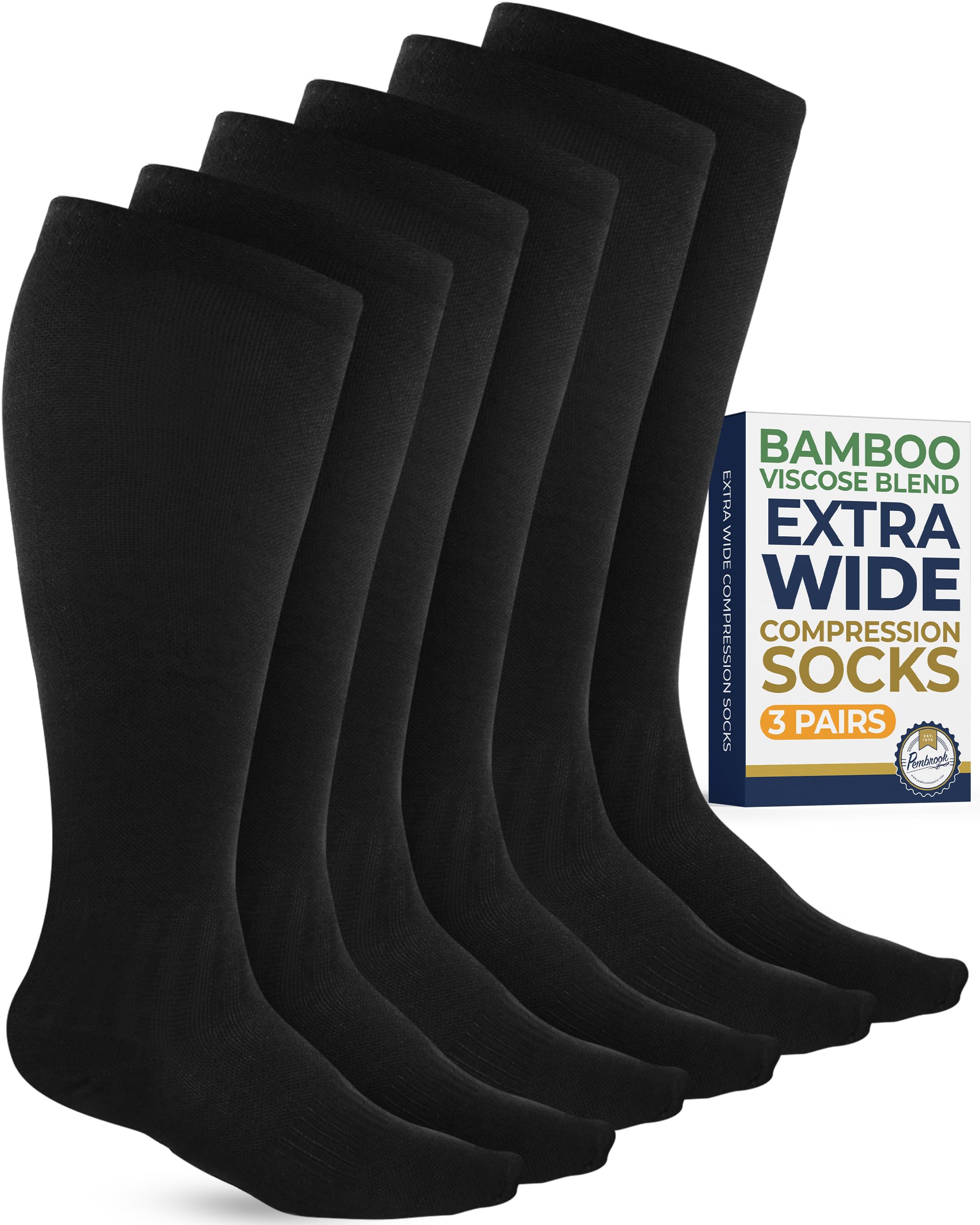 Pembrook 3 Pairs Plus Size Compression Socks Wide Calf - Bamboo Viscose Compression Socks for Women Wide Calf All Black - 3 Pairs X-Large
