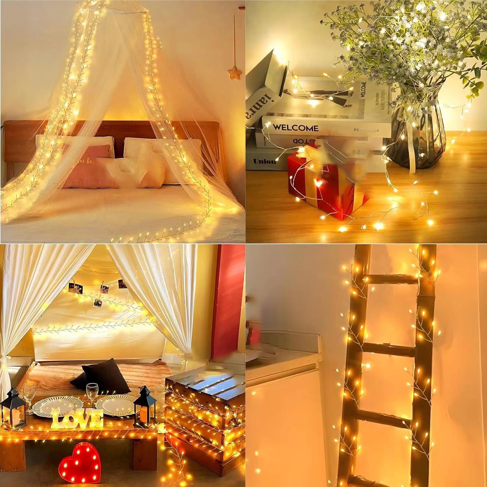 Solar Lichterkette Aussen, Wasserdicht Kupferdraht Cluster Lichter Solar Feuerwerk Lichterkette mit Timer Fernbedienung für DIY Balkon Weihnachten Hochzeit Party Décor (Warmweiß, 12m 400LED)
