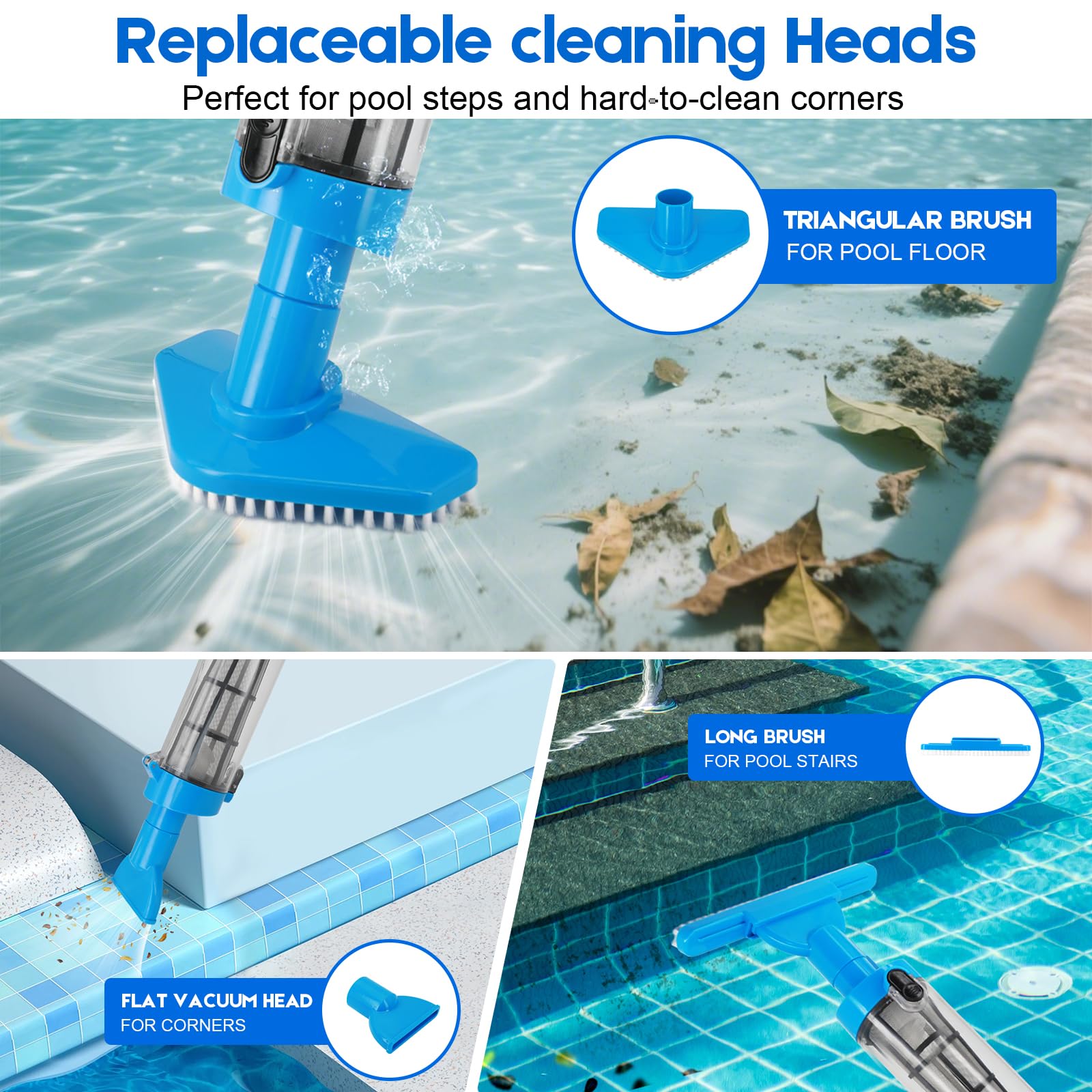 Aspirateur de piscine portatif sans fil avec manche télescopique, aspirateur de piscine rechargeable 3 en 1, nettoyeur de piscine portable pour jacuzzi, piscine hors sol et creusée